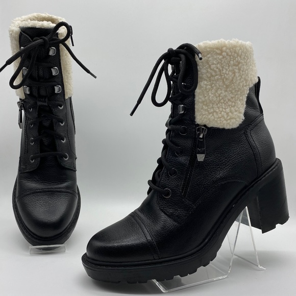 Marc Fisher Shoes - Marc Fisher Women's Lansly Black Leather Lace Up Heeled Block Booties Size 8M